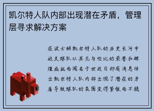 凯尔特人队内部出现潜在矛盾，管理层寻求解决方案